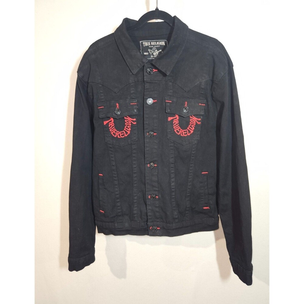 True Religion Men's XL Jimmy Jacket SN Embroidery, Black Rinse Red Stitching